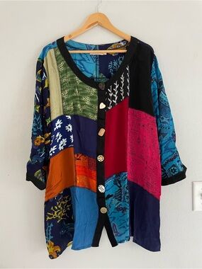 La Cera Vintage Multicolor Patchwork Design Button-Down Shirt